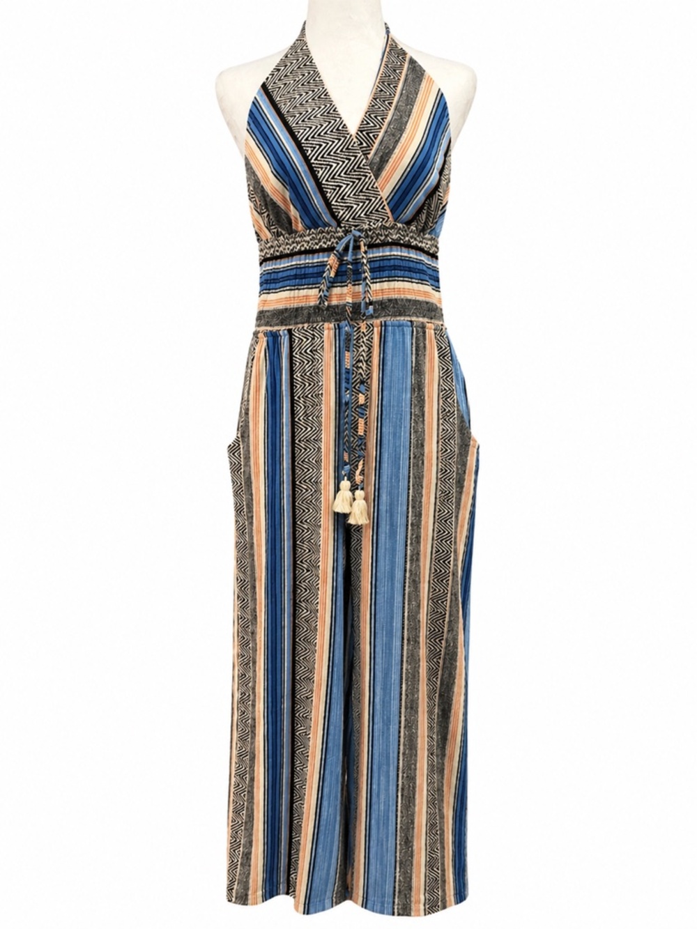 Venus Boho Striped Halter Romper Elastic Waist Wide Leg Culotte Size Large